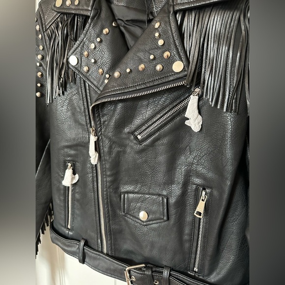 Vigoss Black Leather Jacket with Studs and Fringe - Picture 7 of 16